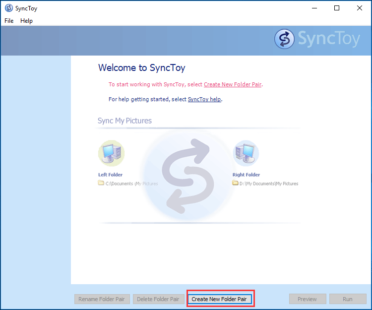 create new folder pair SyncToy